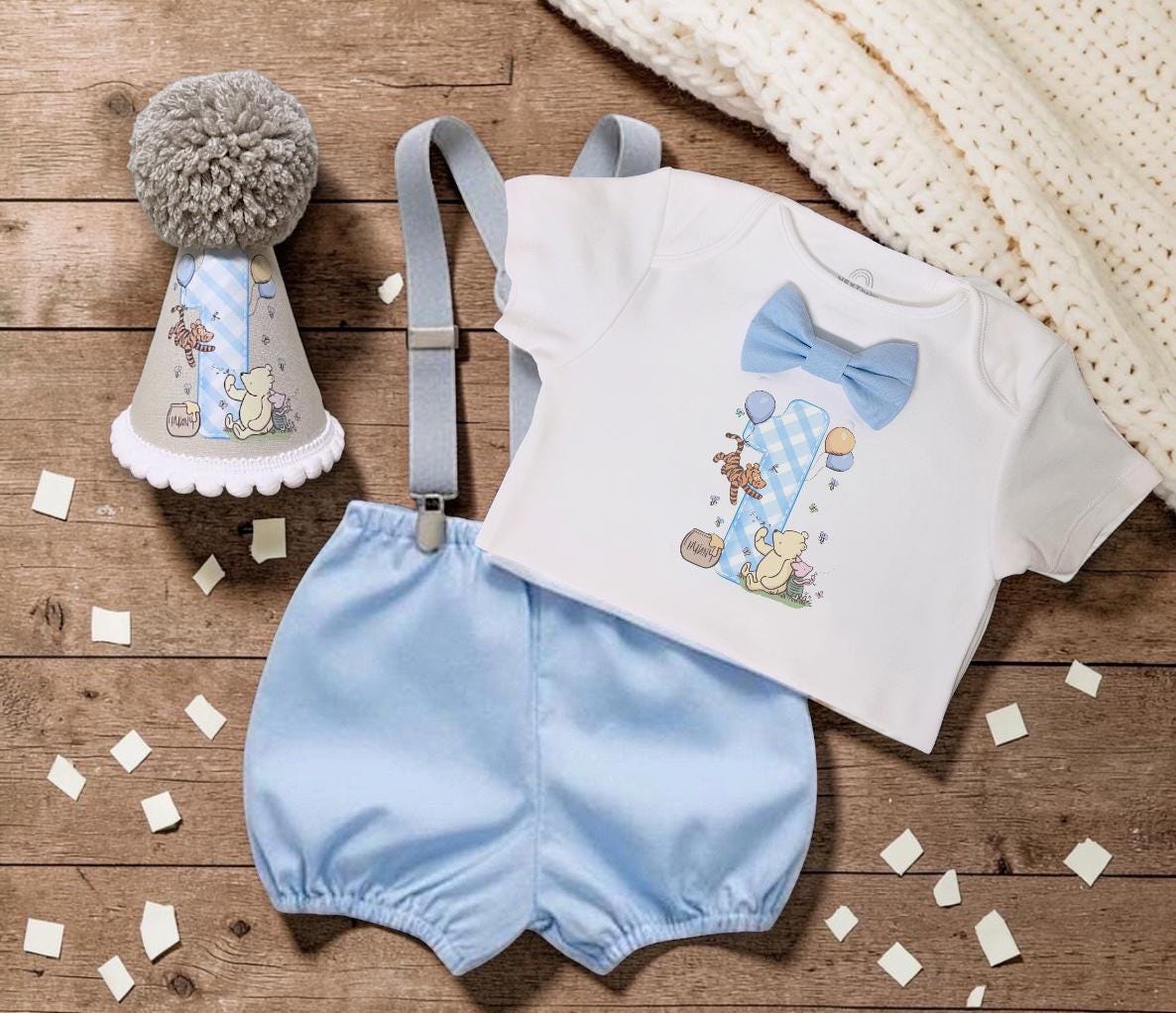 Classic Pooh Bear Birthday Outfit | Cake Smash Set | Storybook Baby Clothes | Printed Handmade