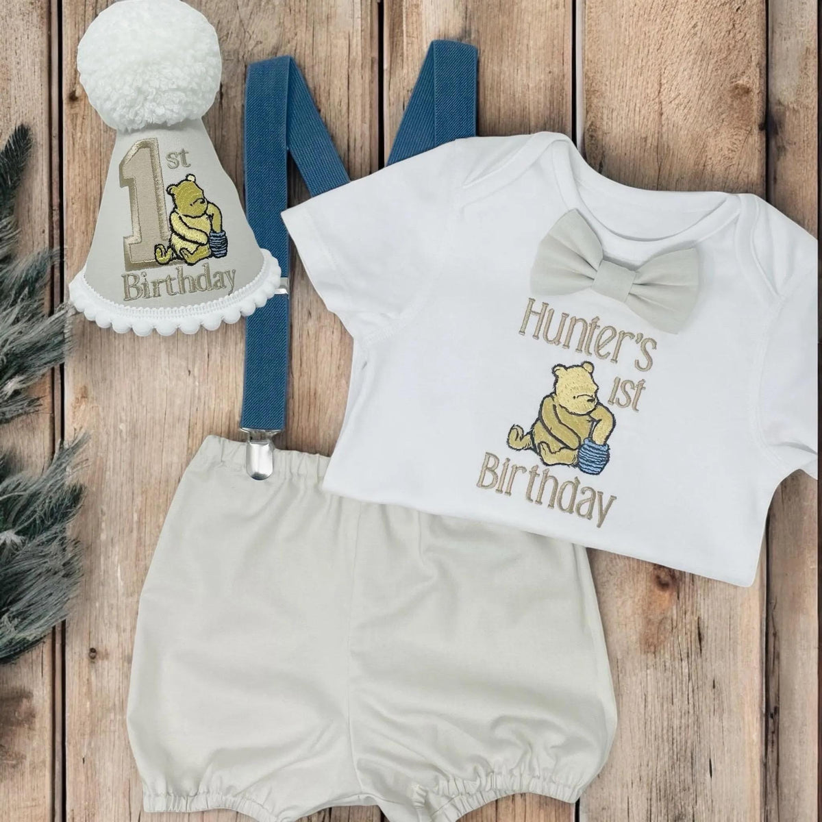 Personalised Classic Pooh Bear Romper Boy Birthday Outfit Embroidered First Cake Smash Set Handmade