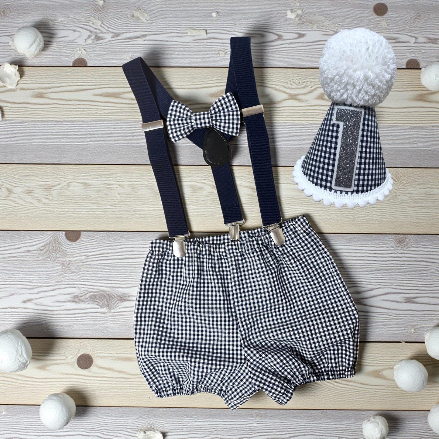 Baby Boy First Birthday Outfit – Handmade Navy Gingham Shorts & Braces Set