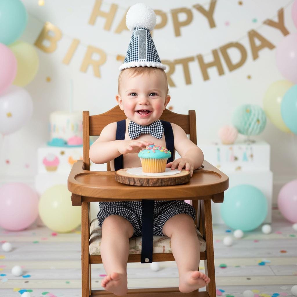 Baby Boy First Birthday Outfit – Handmade Navy Gingham Shorts & Braces Set