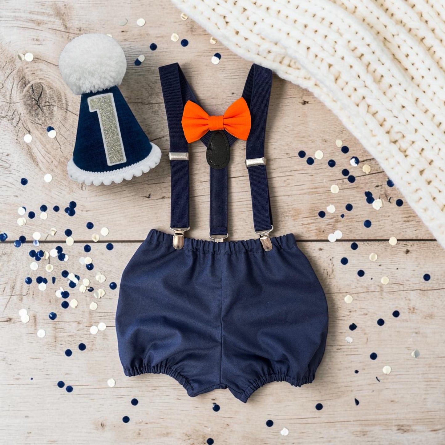 Baby Boy First Birthday Outfit Handmade Navy Cake Smash Shorts Suspenders Bow Party Hat