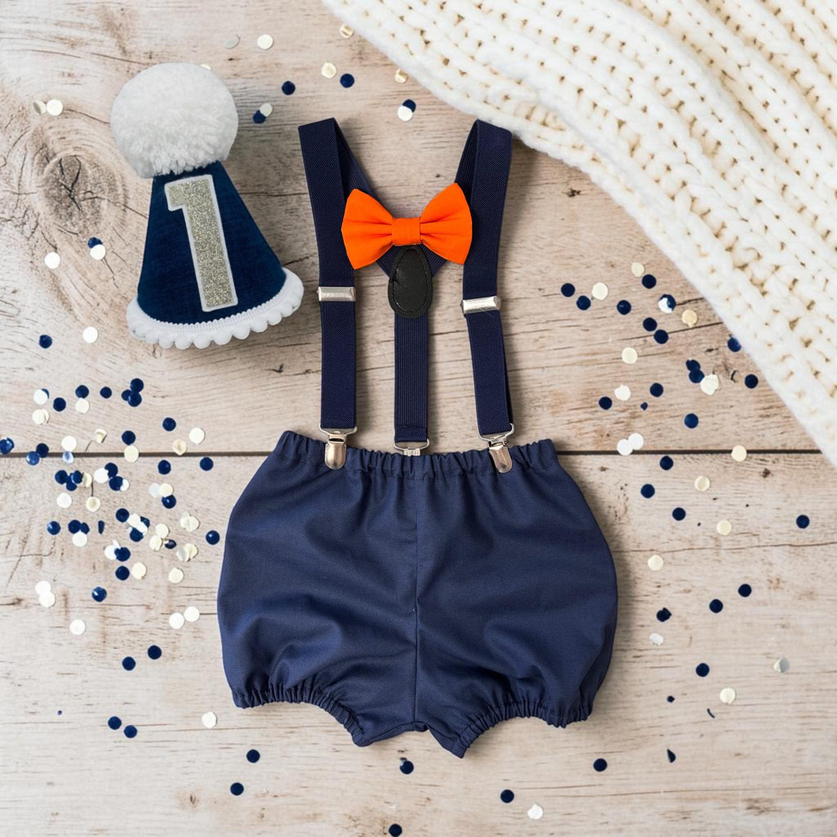 Baby Boy First Birthday Outfit Handmade Navy Cake Smash Shorts Suspenders Bow Party Hat
