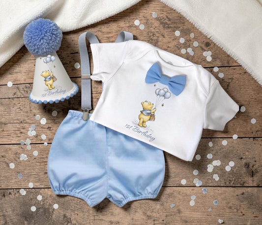 Printed Baby Blue Classic Winnie-the-Pooh First Birthday Outfit Boy with hat