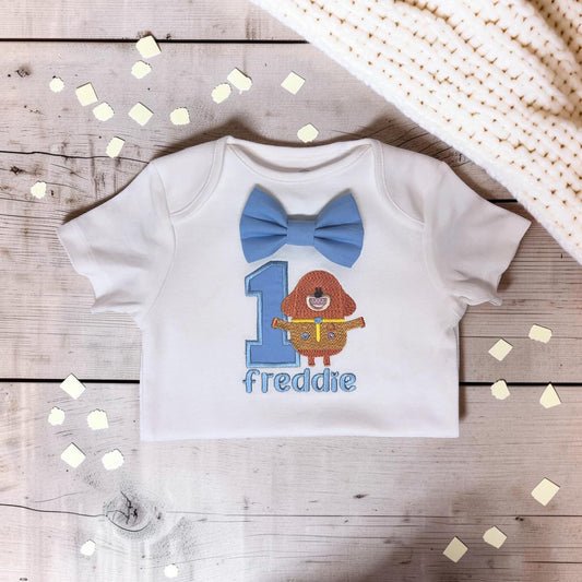 Personalised Cartoon Dog First Birthday Bodysuit | Baby Boy Embroidered Cake Smash Outfit