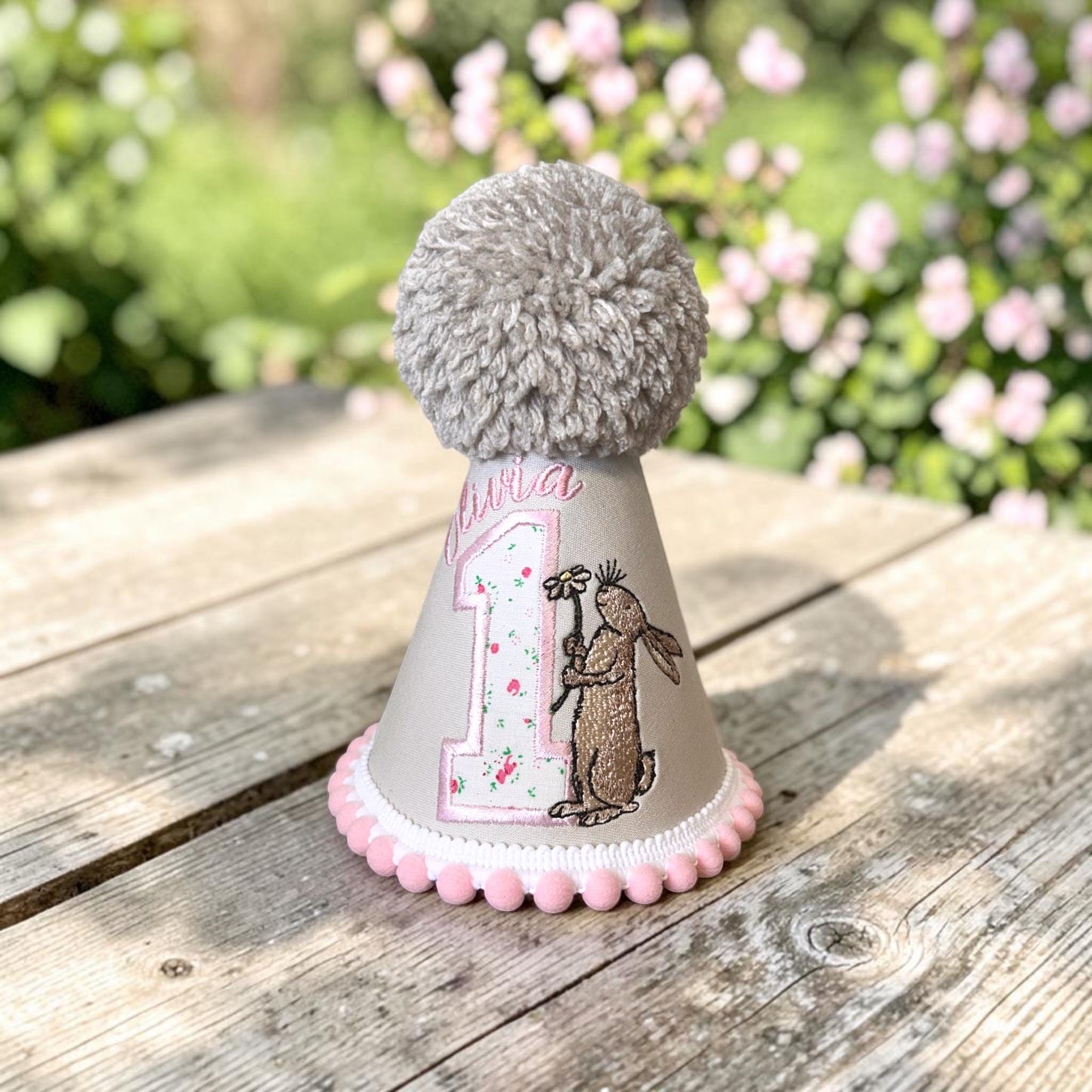 Personalised Brown Hare Birthday Hat | Baby Girl First Birthday Keepsake Handmade Embroidered