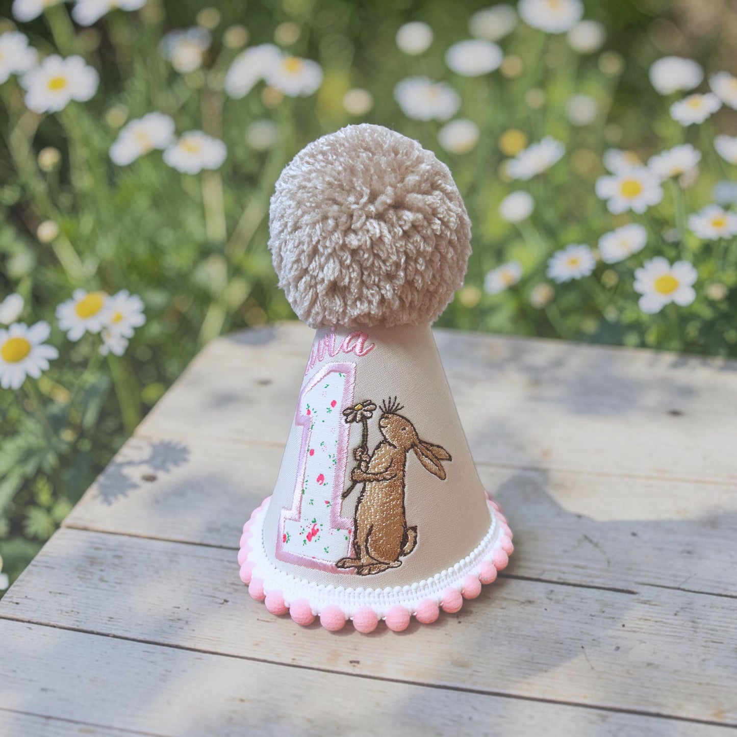 Personalised Brown Hare Birthday Hat | Baby Girl First Birthday Keepsake Handmade Embroidered