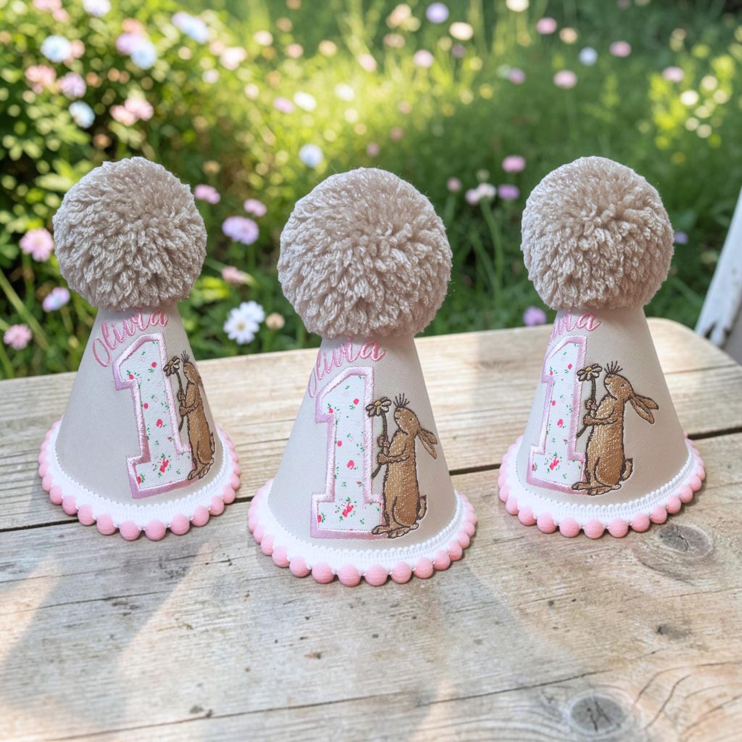 Personalised Brown Hare Birthday Hat | Baby Girl First Birthday Keepsake Handmade Embroidered