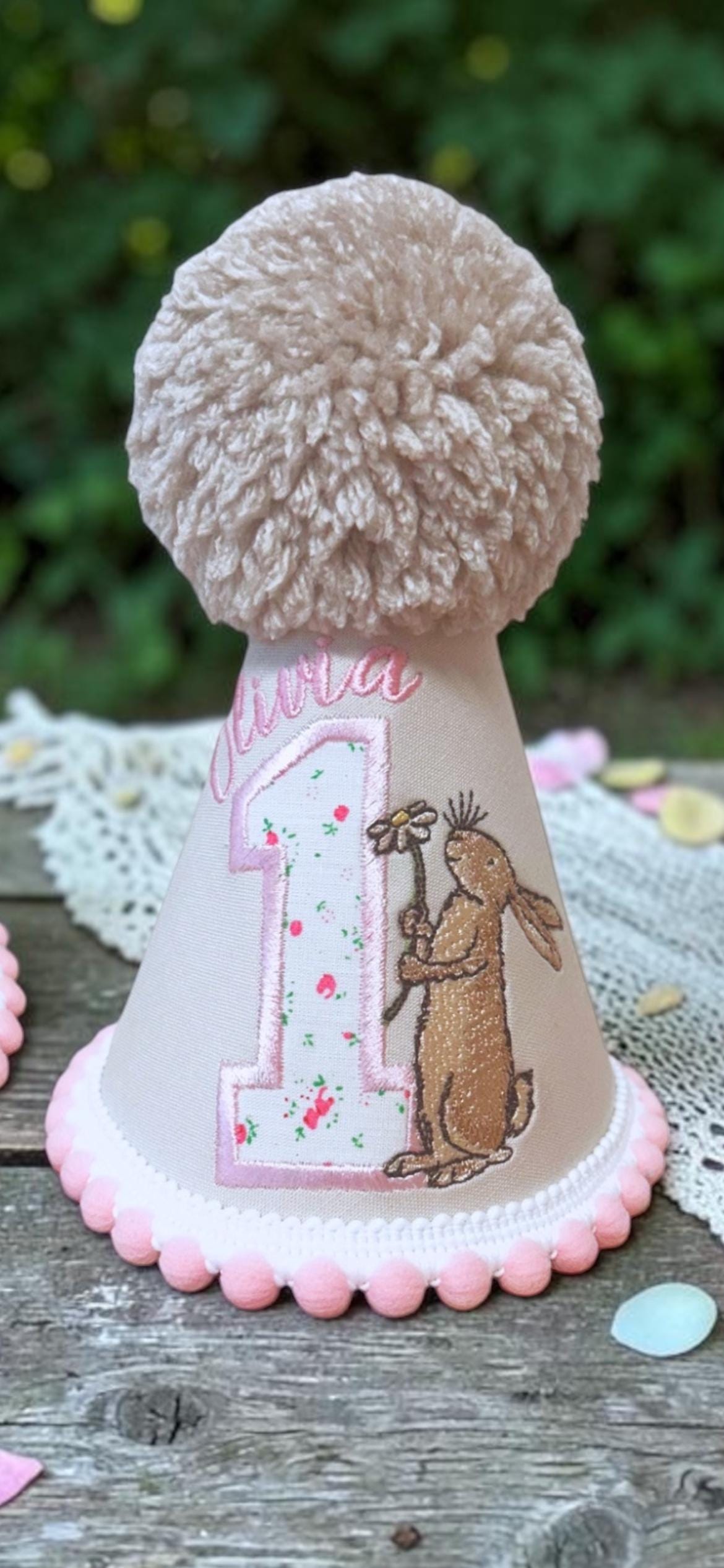 Personalised Brown Hare Birthday Hat | Baby Girl First Birthday Keepsake Handmade Embroidered
