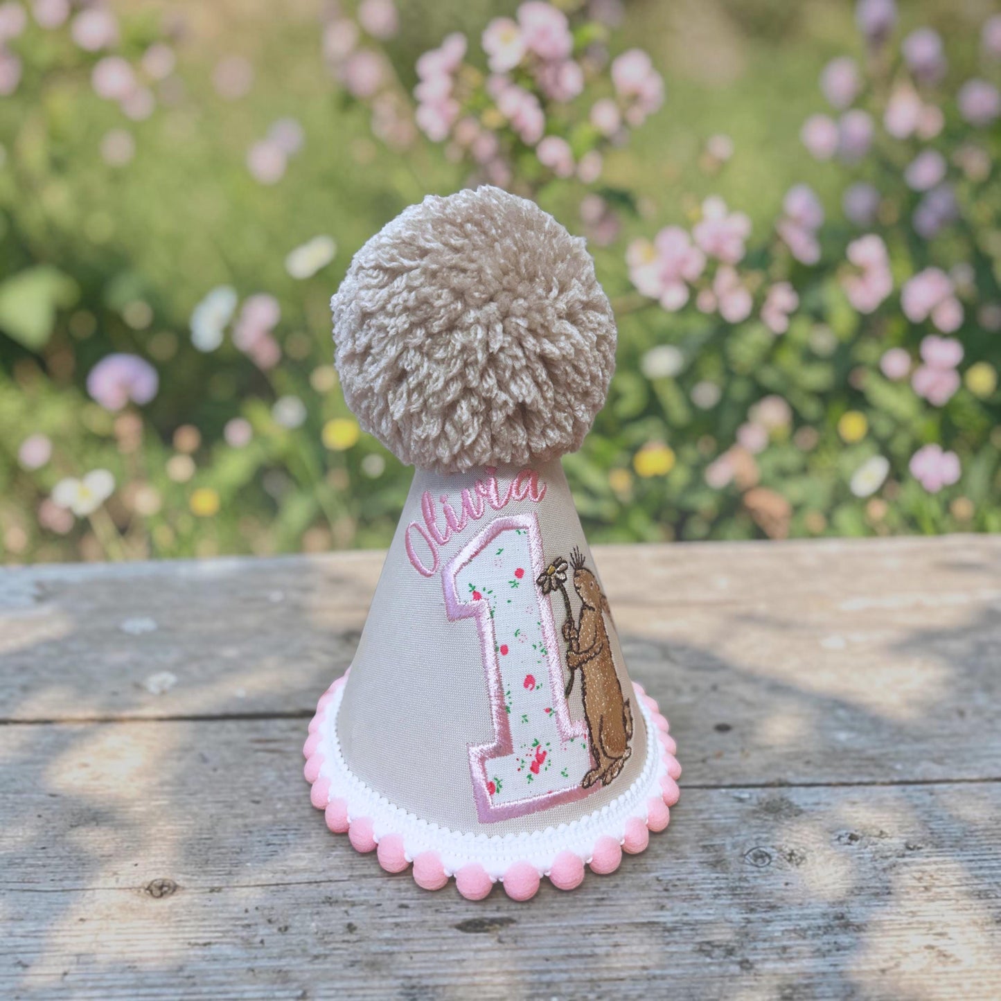 Personalised Brown Hare Birthday Hat | Baby Girl First Birthday Keepsake Handmade Embroidered