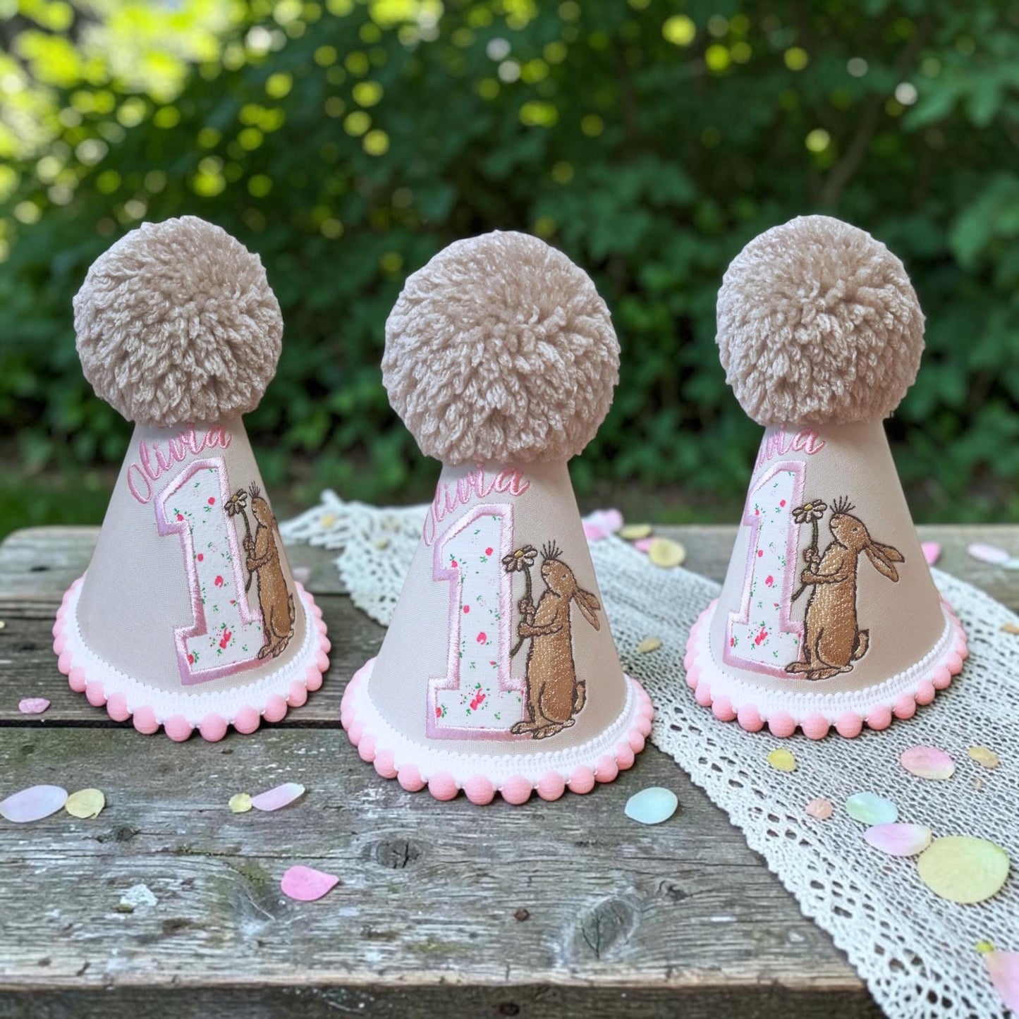Personalised Brown Hare Birthday Hat | Baby Girl First Birthday Keepsake Handmade Embroidered