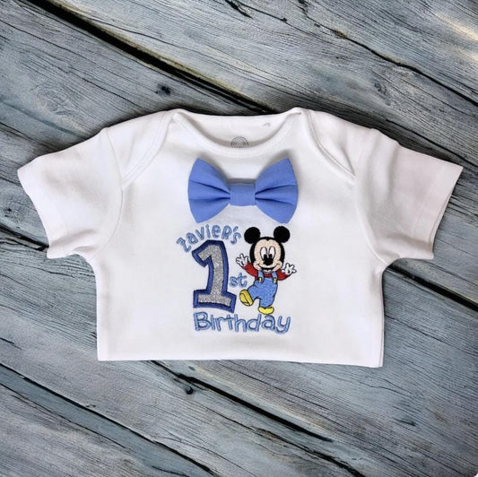 Personalised Baby Boy First Birthday Bodysuit Embroidered Mouse Cake Smash Birthday Outfit