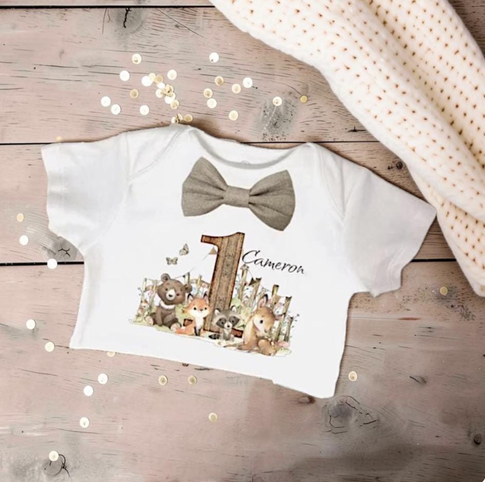 Personalised Woodland First Birthday Bodysuit | Baby Boy Cake Smash Outfit Forest Animals