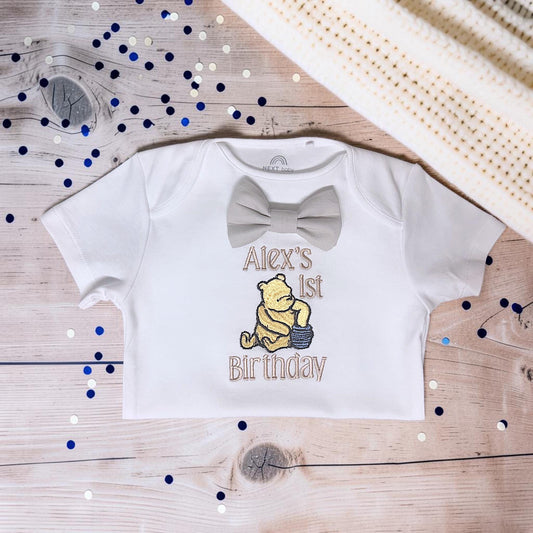 Classic Pooh Bear First Birthday Bodysuit | Personalised Embroidered Baby Boy Traditional Outfit