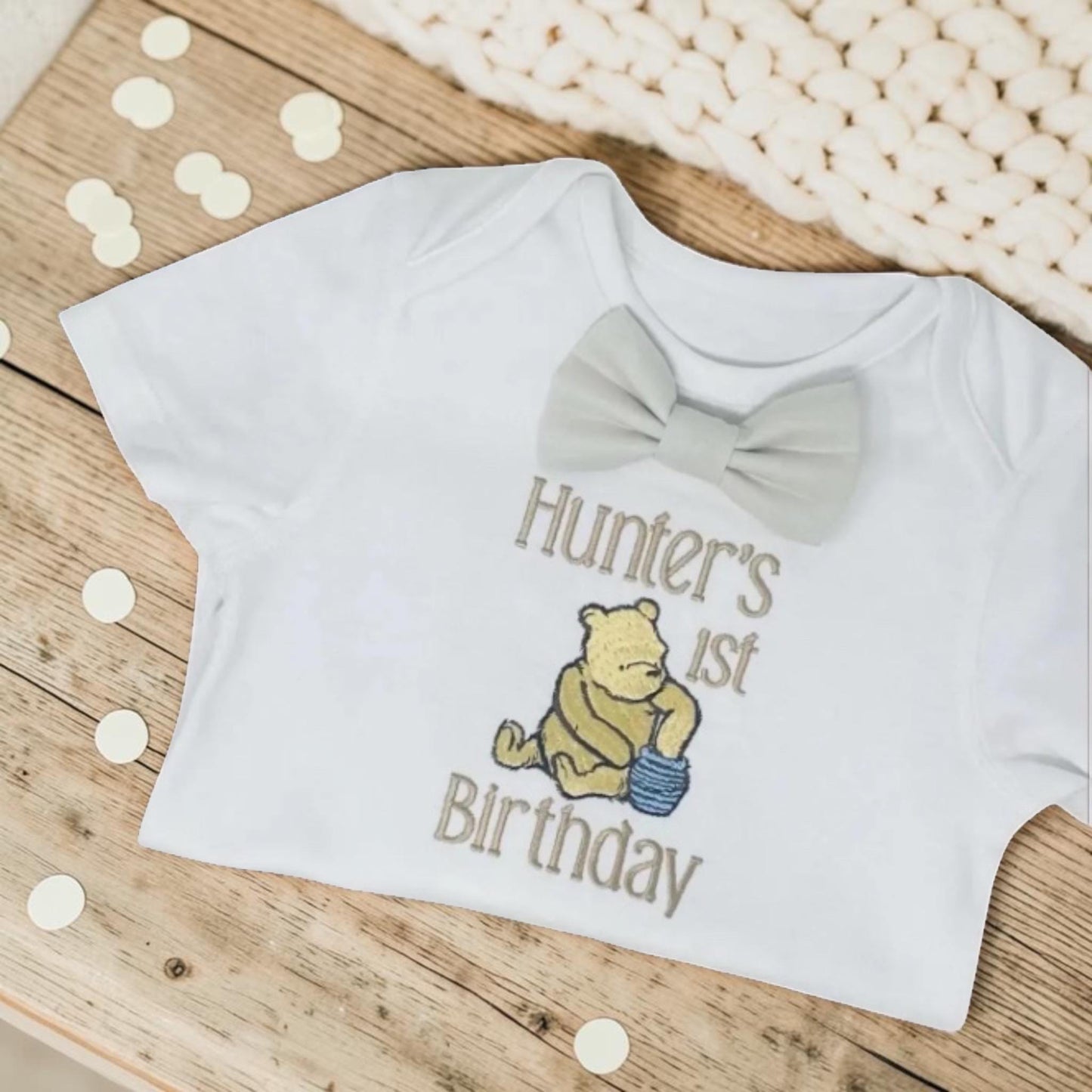 Classic Pooh Bear First Birthday Bodysuit | Personalised Embroidered Baby Boy Traditional Outfit