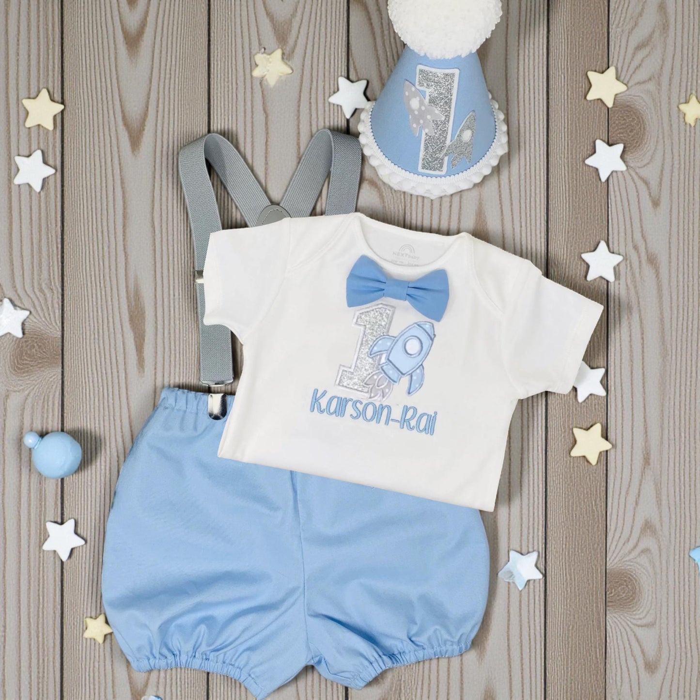 Rocket 1st Birthday Outfit Personalised – Blue Baby Boy Cake Smash Set