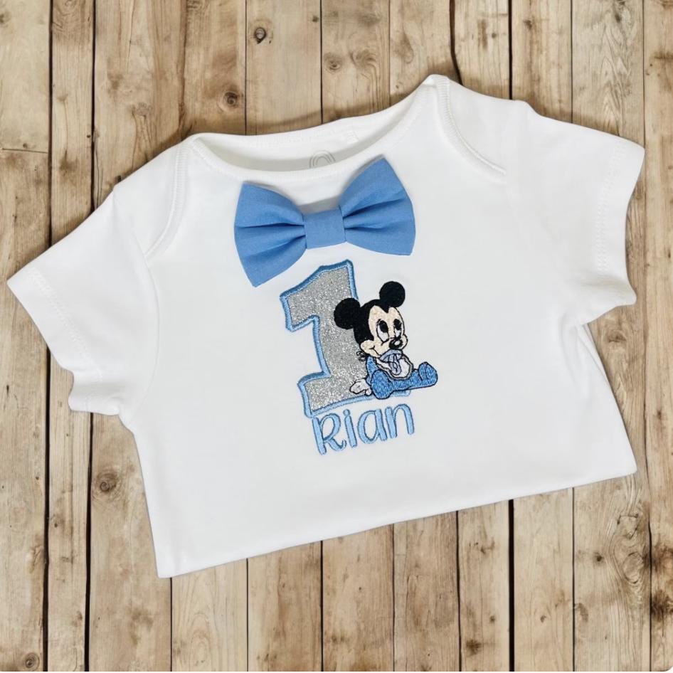 Personalised Baby Boy First Birthday Bodysuit Embroidered Mouse Cake Smash Birthday Outfit