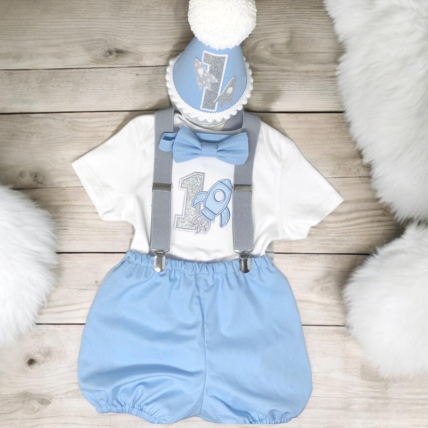 Rocket 1st Birthday Outfit Personalised – Blue Baby Boy Cake Smash Set