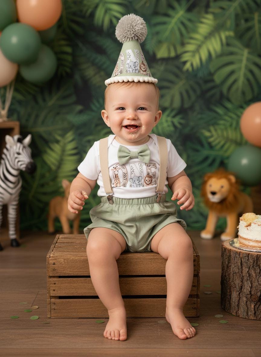 Safari First Birthday Outfit | Jungle Cake Smash Set | Baby Party Clothes | Printed Handmade