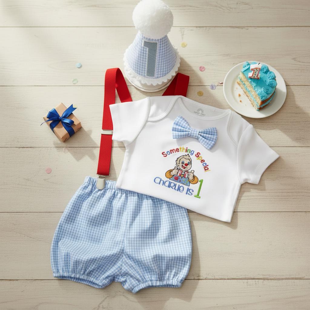 Personalised Baby Boy Clown Birthday Outfit | Embroidered Gingham Cake Smash Set