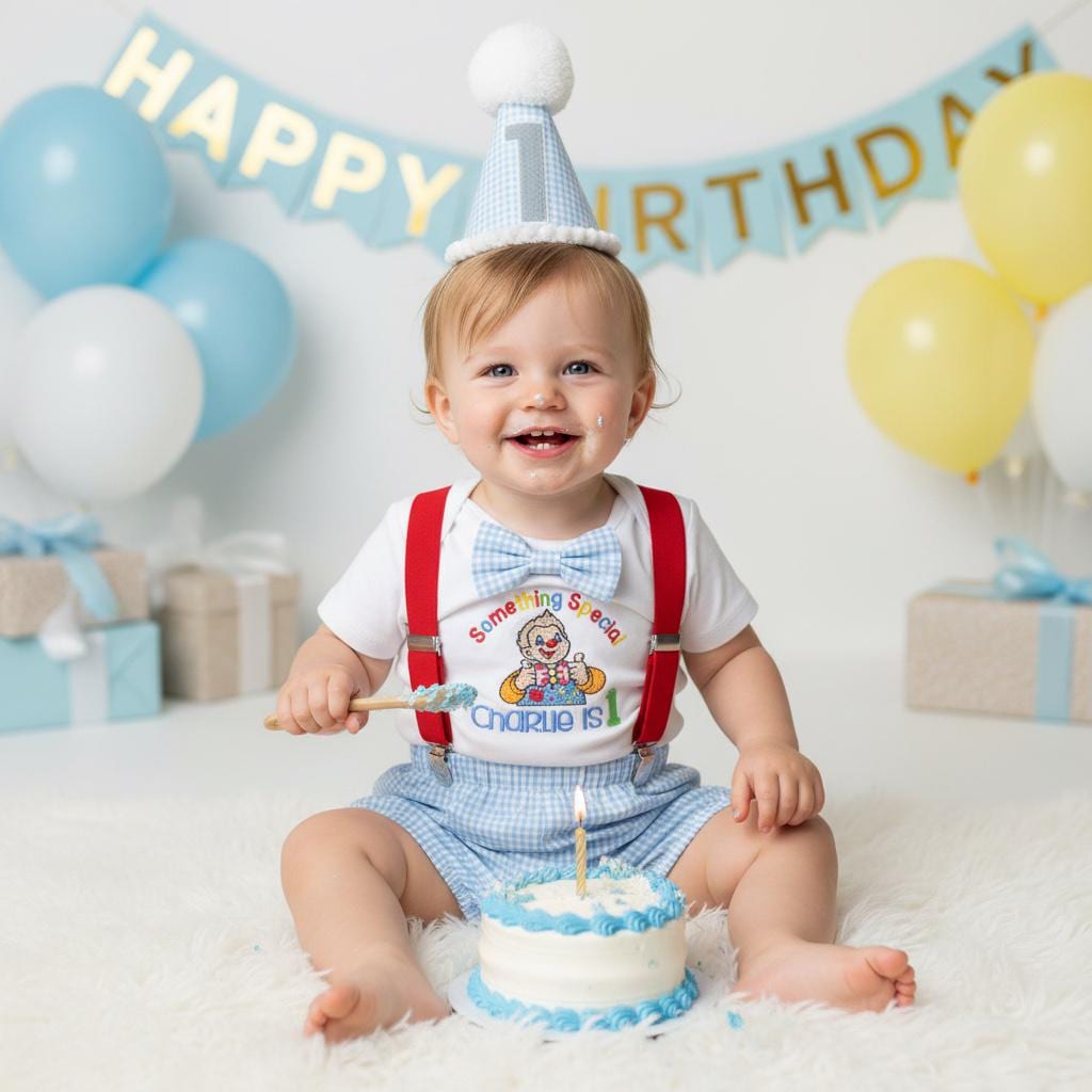 Personalised Baby Boy Clown Birthday Outfit | Embroidered Gingham Cake Smash Set