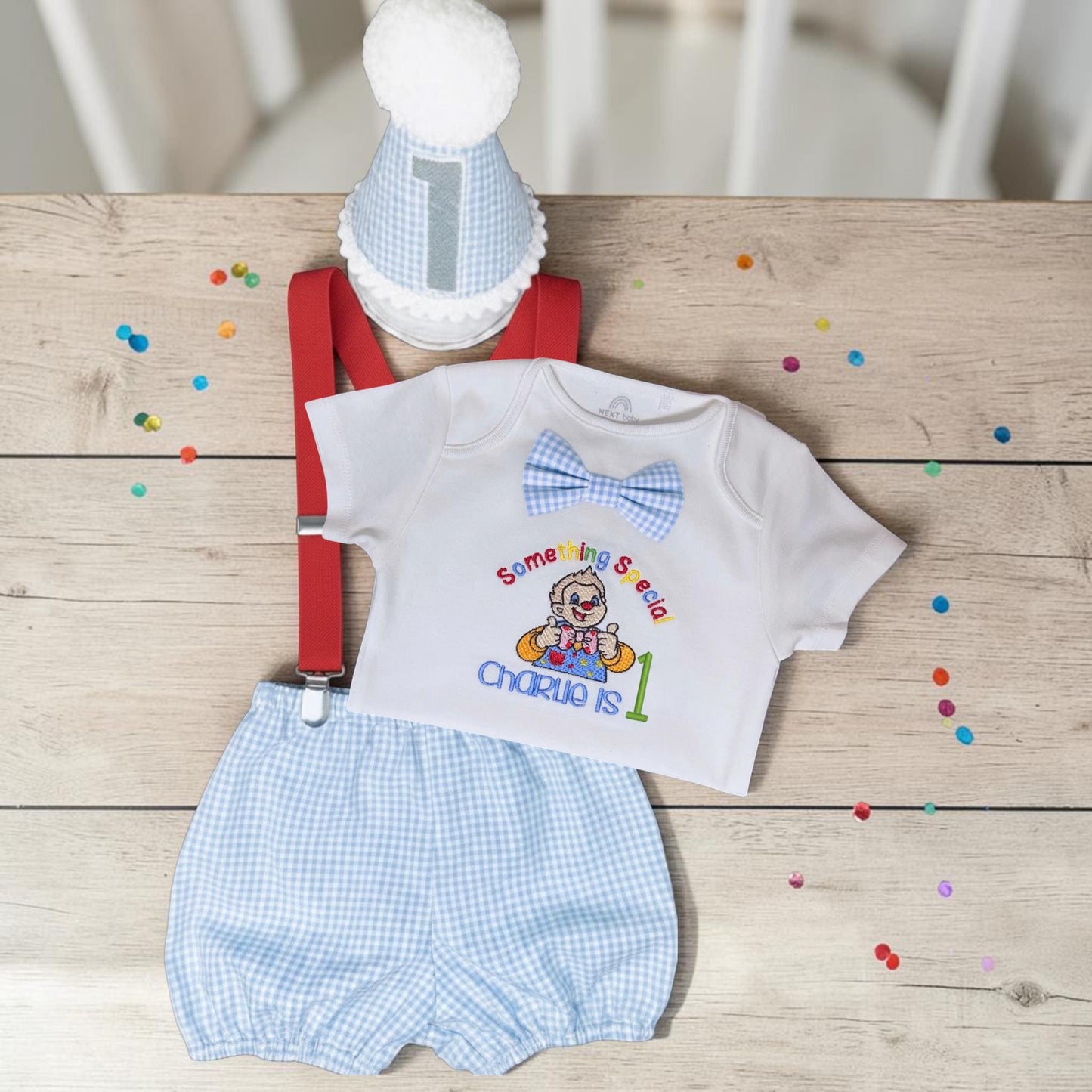Personalised Baby Boy Clown Birthday Outfit | Embroidered Gingham Cake Smash Set