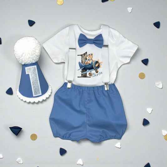 Personalised Aviator Teddy Cake Smash Outfit – Blue 1st Birthday Boy Set