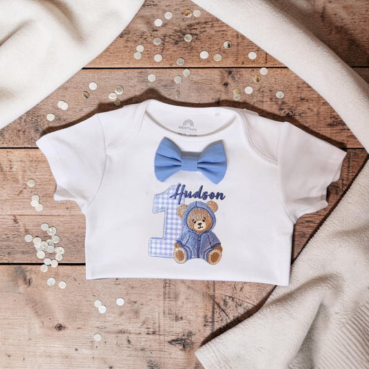 Personalised Teddy Bear Birthday Bodysuit | Baby Boy Gingham Cake Smash Outfit