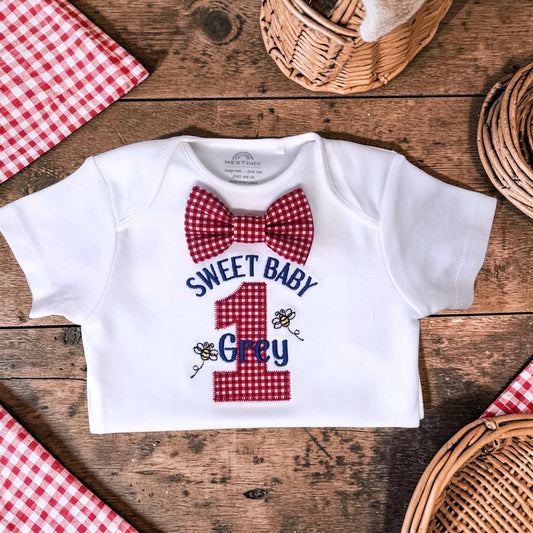 Personalised Baby Boy Birthday Bodysuit | Red Gingham Cake Smash Outfit | Embroidered