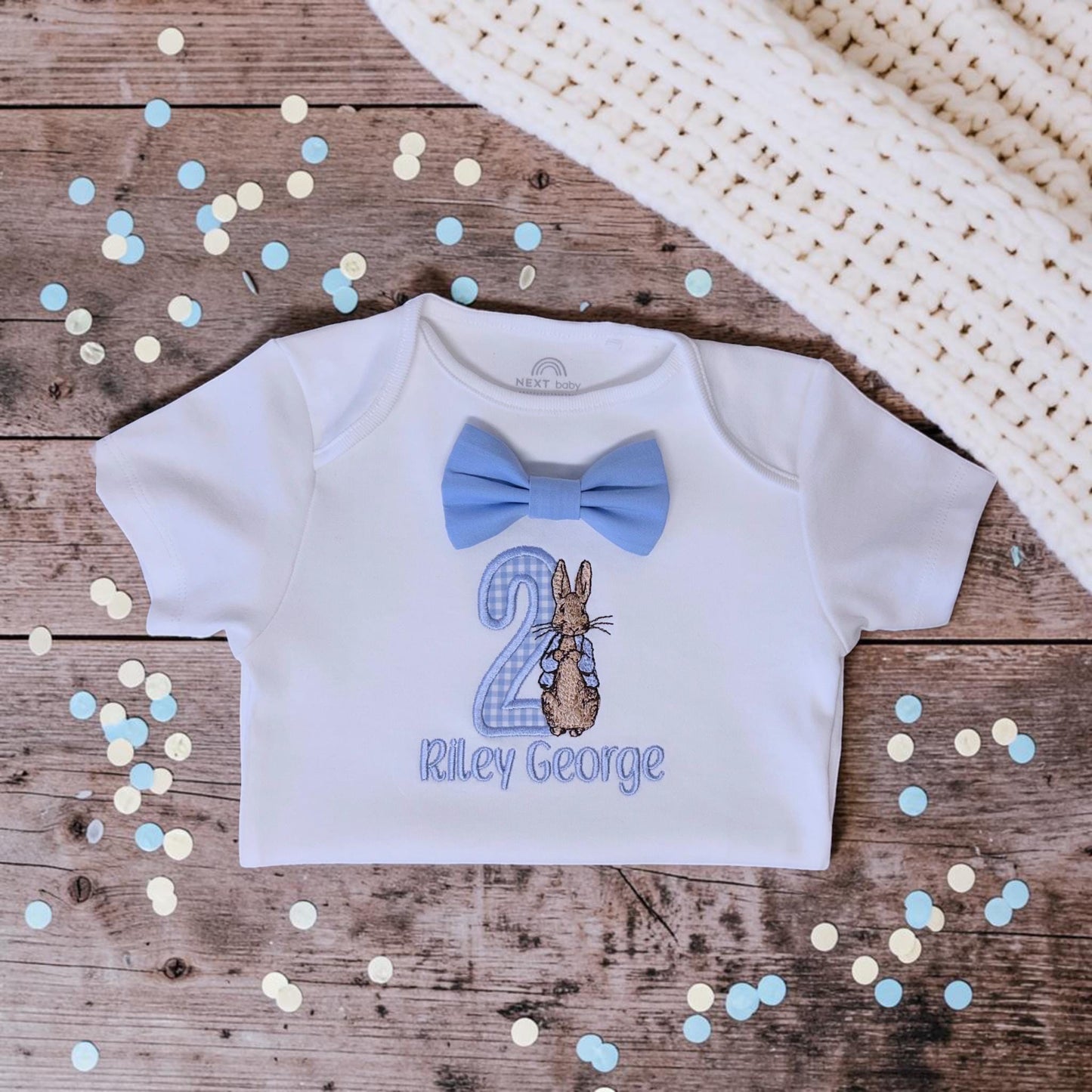 Personalised Rabbit Birthday Bodysuit | Embroidered Baby Boy Cake Smash Outfit | Storybook Style