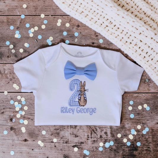 Personalised Rabbit Birthday Bodysuit | Embroidered Baby Boy Cake Smash Outfit | Storybook Style