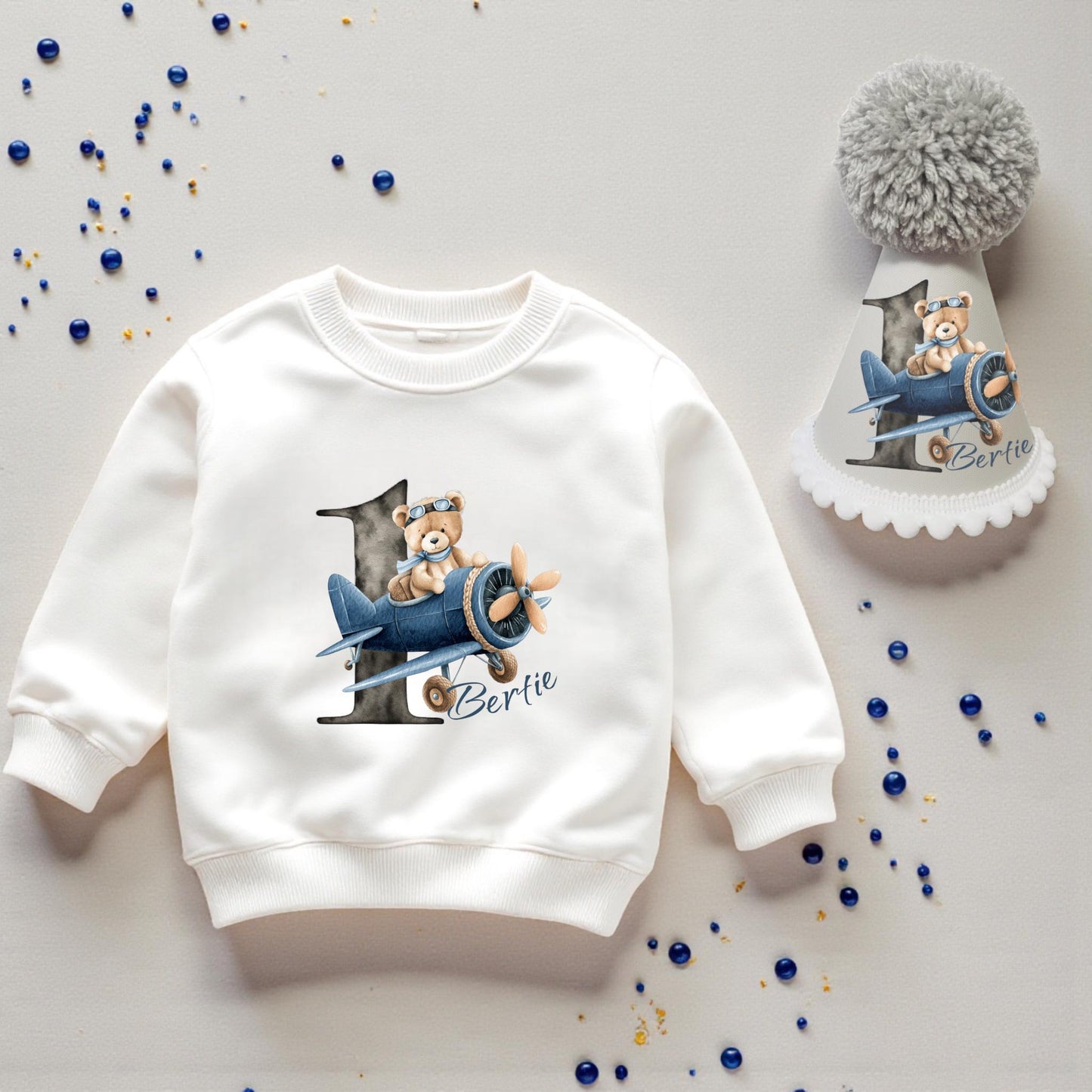 Personalised Aviator Bear Birthday Outfit – Printed Sweatshirt & Handmade Party Hat Set