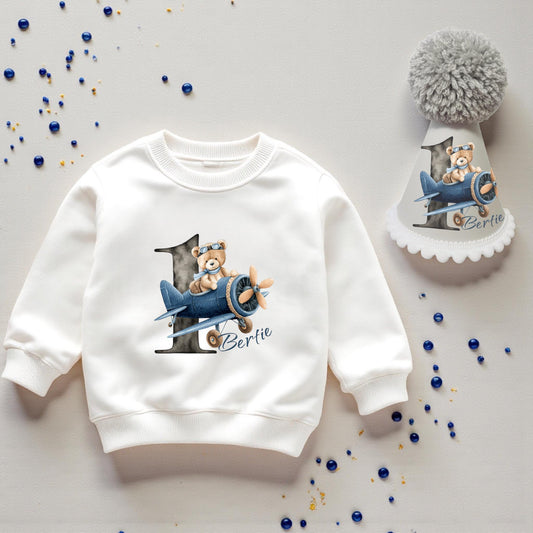 Personalised Aviator Bear Birthday Outfit – Printed Sweatshirt & Handmade Party Hat Set