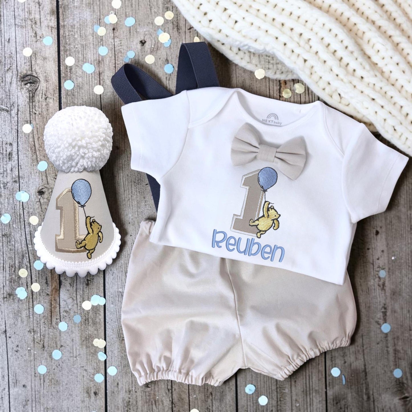 Classic Pooh Birthday Outfit | Personalised Toddler Cake Smash Set | Vintage Style