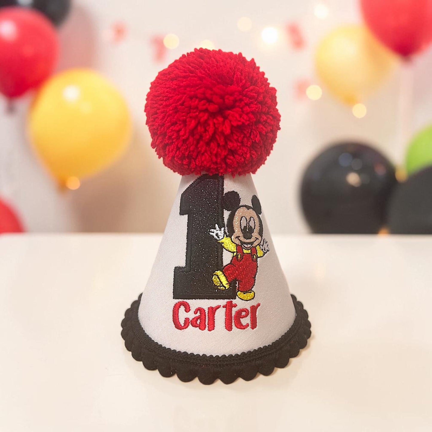 Personalised Mouse Birthday Hat | Handmade Embroidered Baby Boy Party Keepsake
