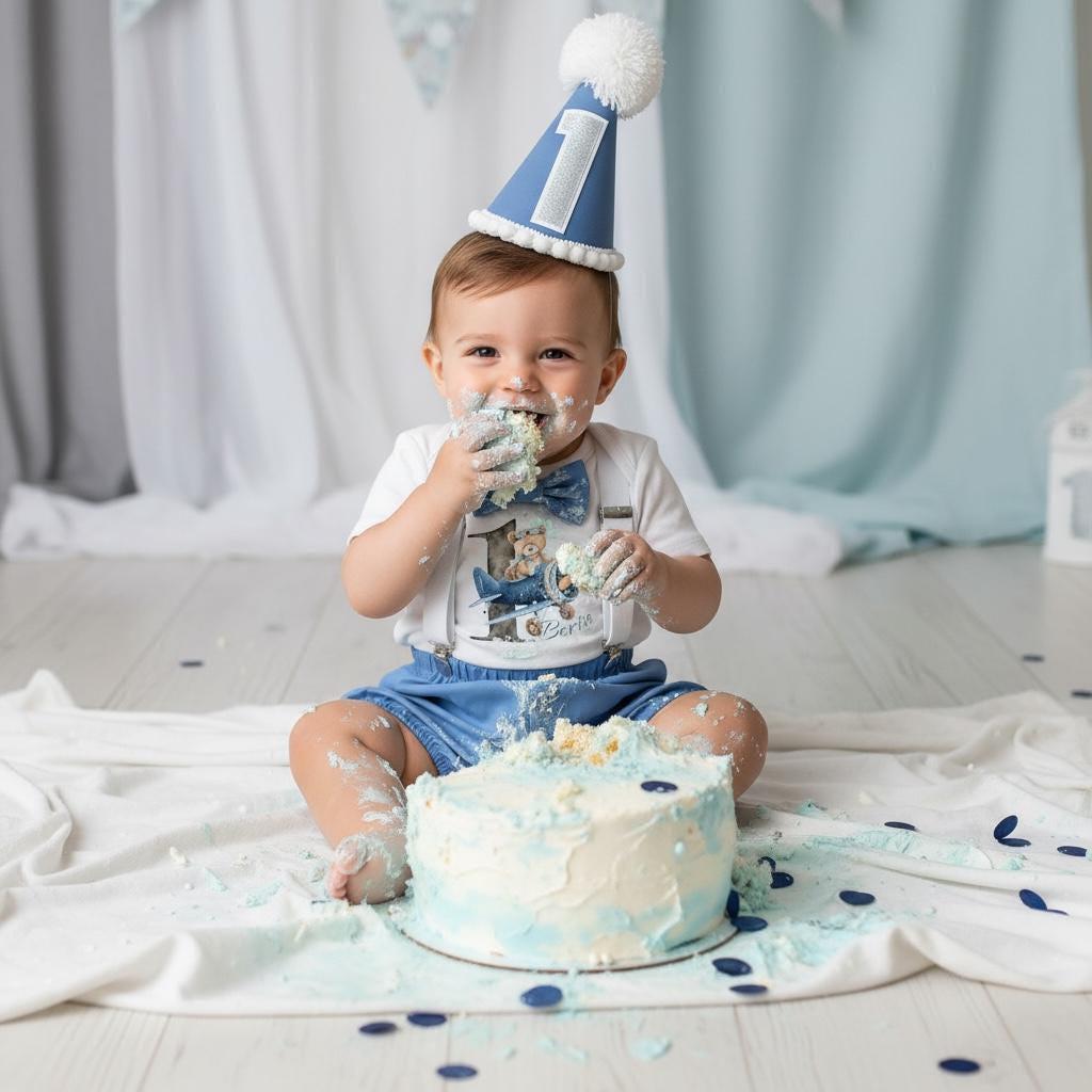 Personalised Aviator Teddy Cake Smash Outfit – Blue 1st Birthday Boy Set