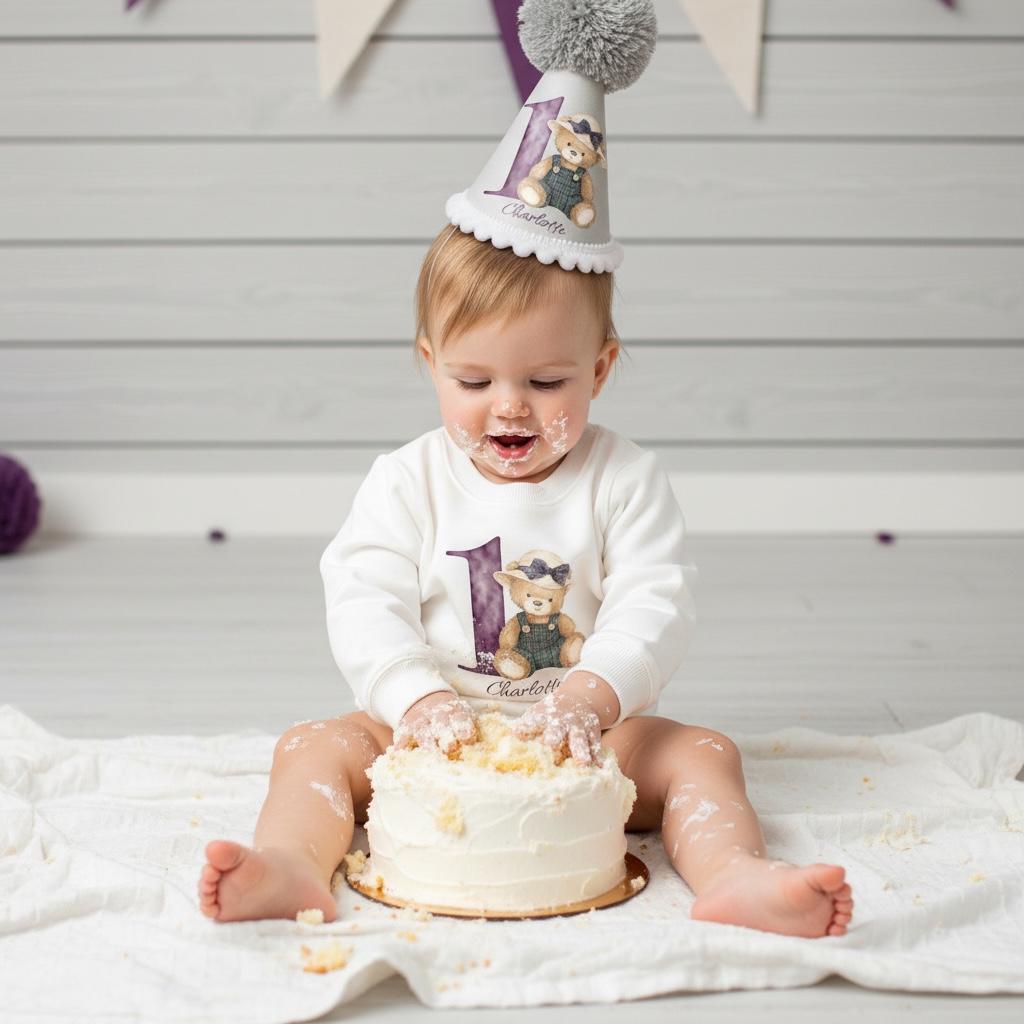 Personalised Girls Birthday Outfit – Printed Sweatshirt & Handmade Party Hat Set