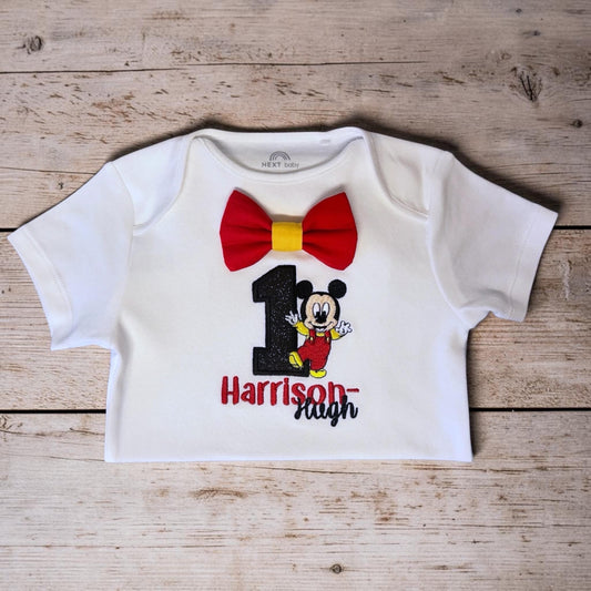 Personalised Baby Boy First Birthday Bodysuit Embroidered Mouse Cake Smash Birthday Outfit