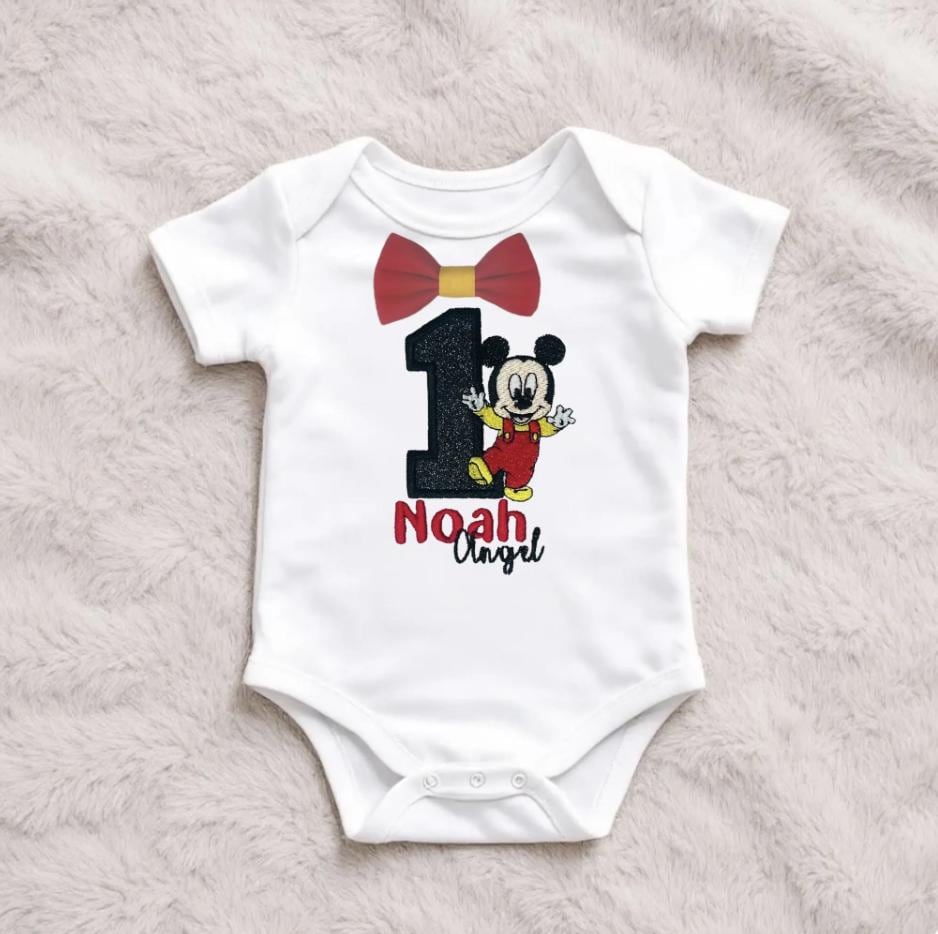 Personalised Baby Boy First Birthday Bodysuit Embroidered Mouse Cake Smash Birthday Outfit
