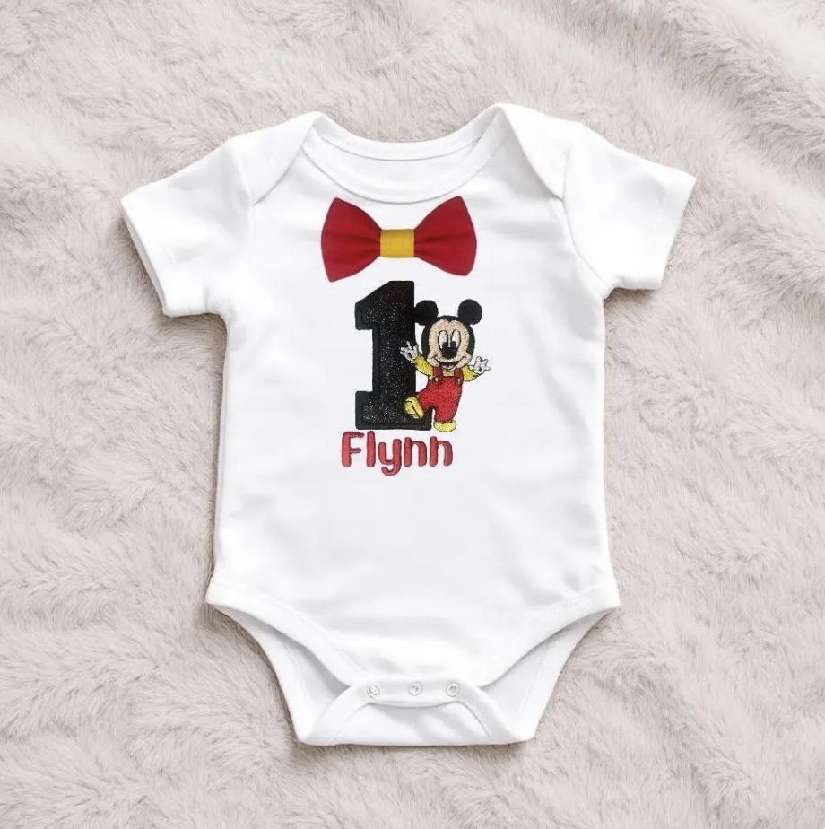 Personalised Baby Boy First Birthday Bodysuit Embroidered Mouse Cake Smash Birthday Outfit
