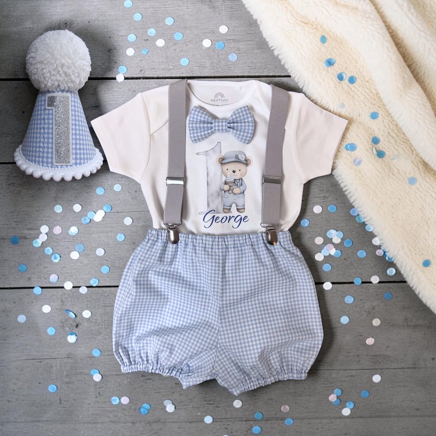 Personalised Teddy Blue Gingham First Birthday Outfit – Baby Boy Cake Smash Set