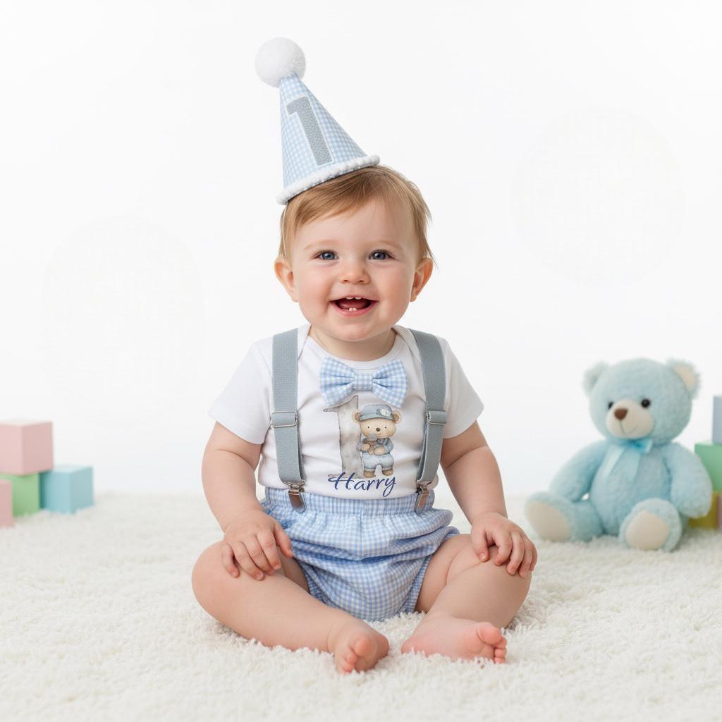 Personalised Teddy Blue Gingham First Birthday Outfit – Baby Boy Cake Smash Set