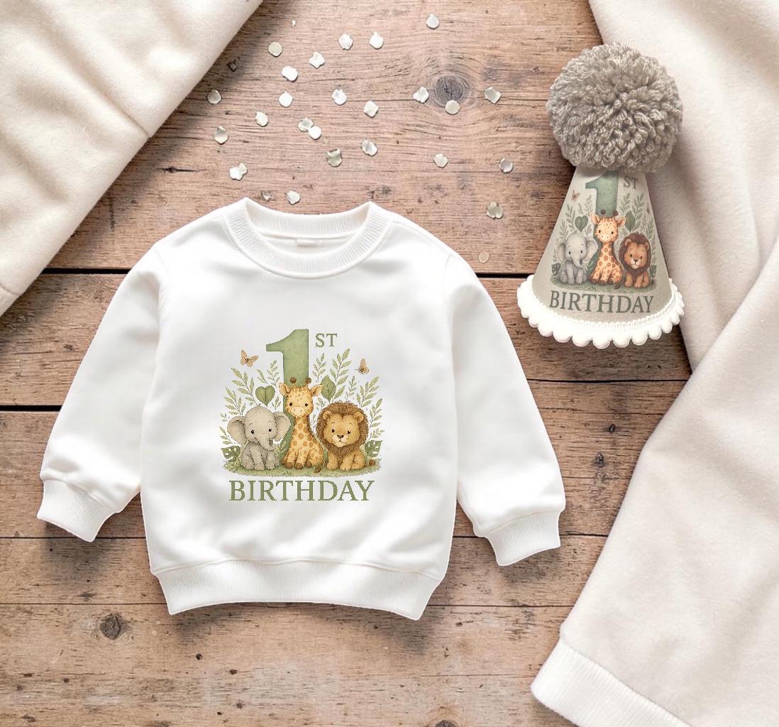 Jungle Animal 1st Birthday Outfit – Neutral Baby Sweatshirt & Party Hat Set