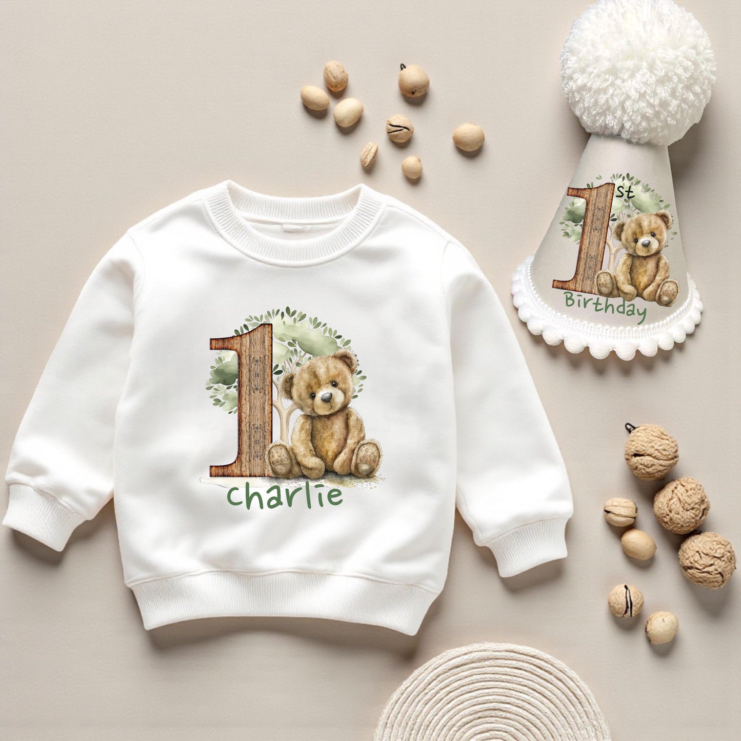 Personalised Baby Birthday Set - Cream Teddy Sweatshirt and Fluffy Hat