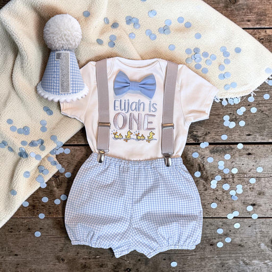 Personalised Duck First Birthday Outfit – Embroidered Bodysuit or Cake Smash Set