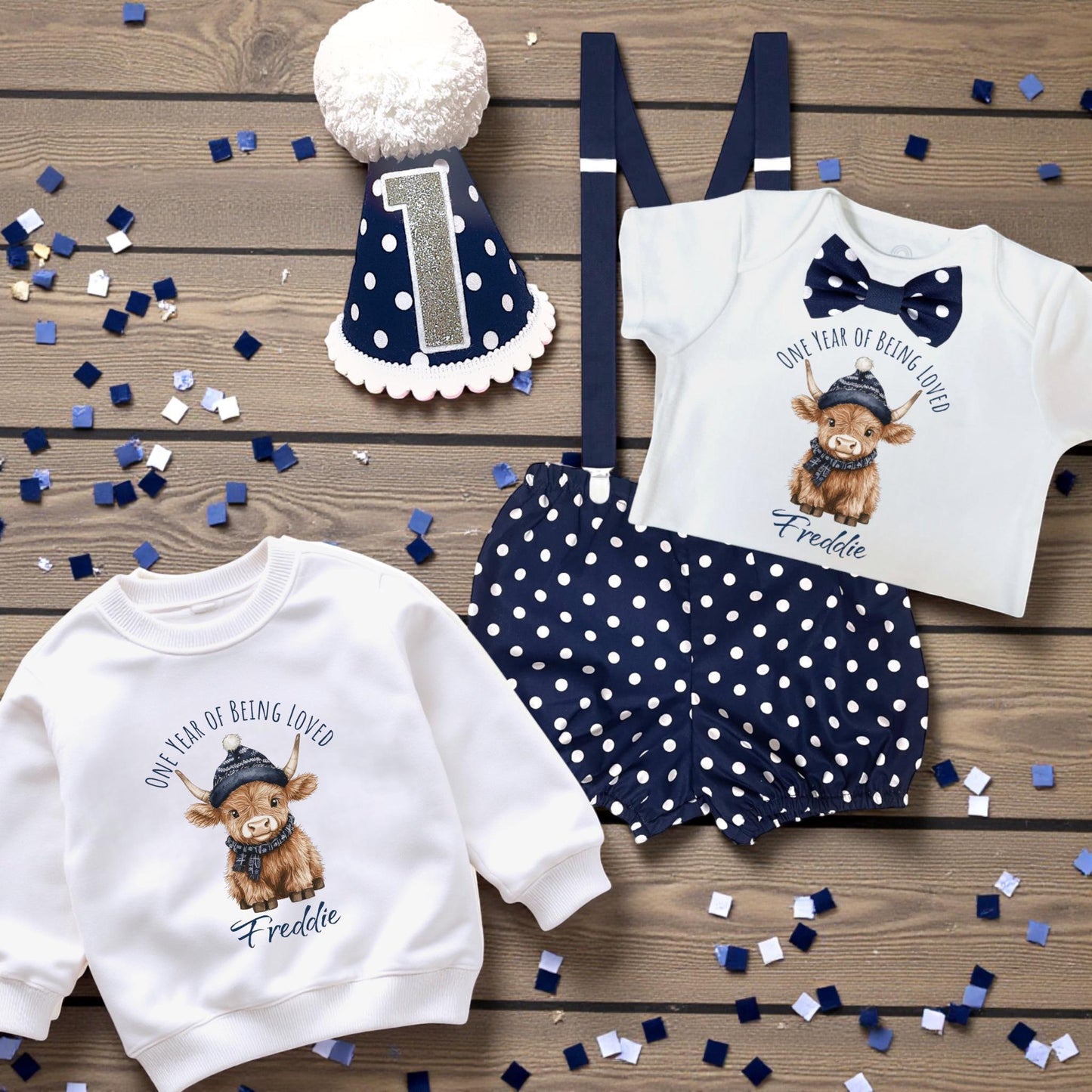 Personalised Highland Cow Baby Birthday Outfit Set with Hat