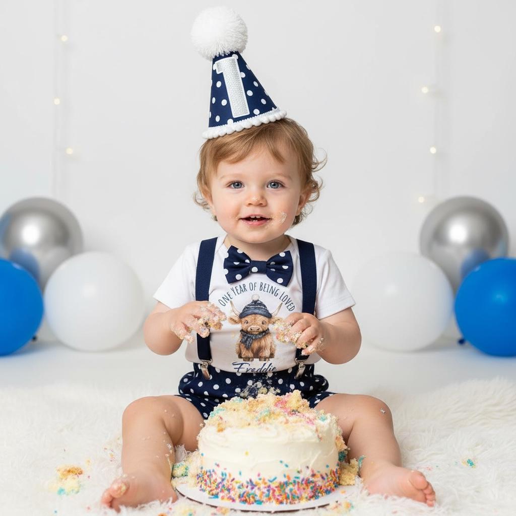 Personalised Highland Cow Baby Birthday Outfit Set with Hat