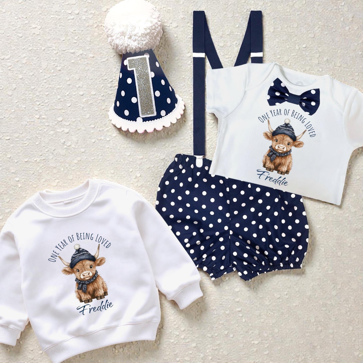 Personalised Highland Cow Baby Birthday Outfit Set with Hat