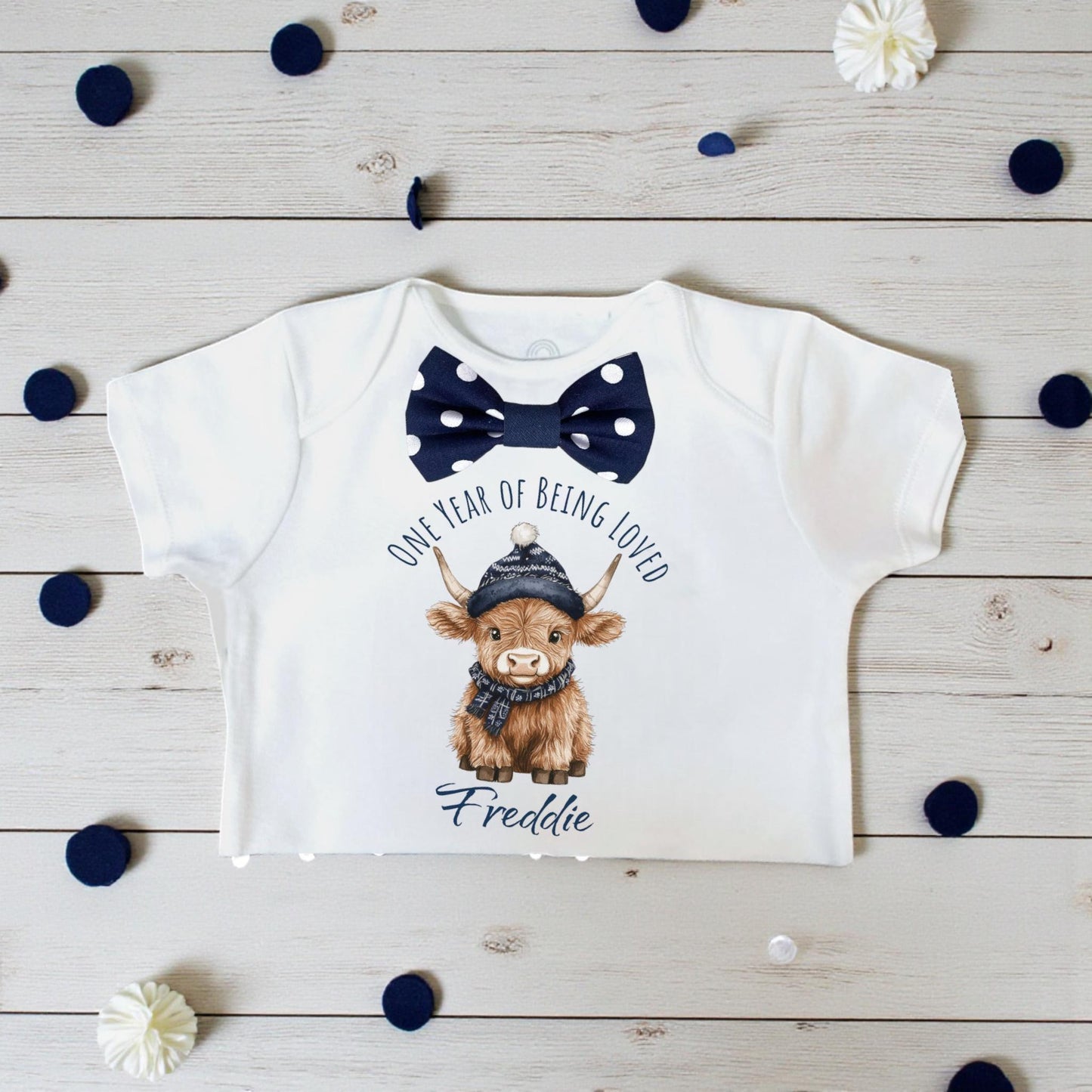 Personalised Highland Cow Baby Birthday Outfit Set with Hat
