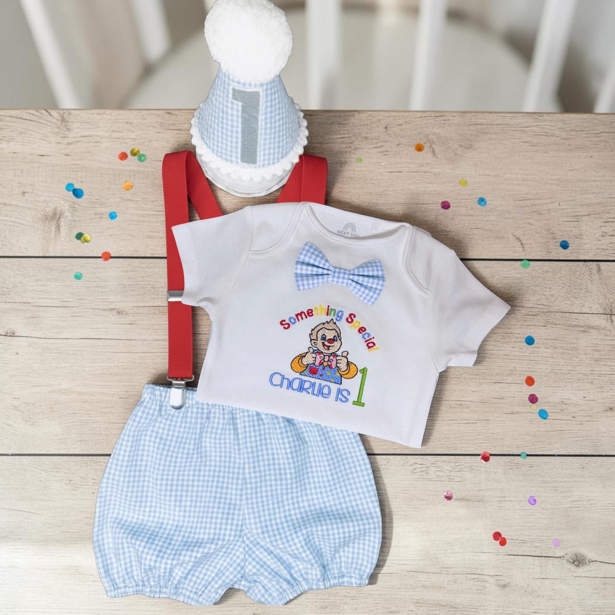 Personalised Baby Boy Clown Birthday Outfit | Embroidered Gingham Cake Smash Set