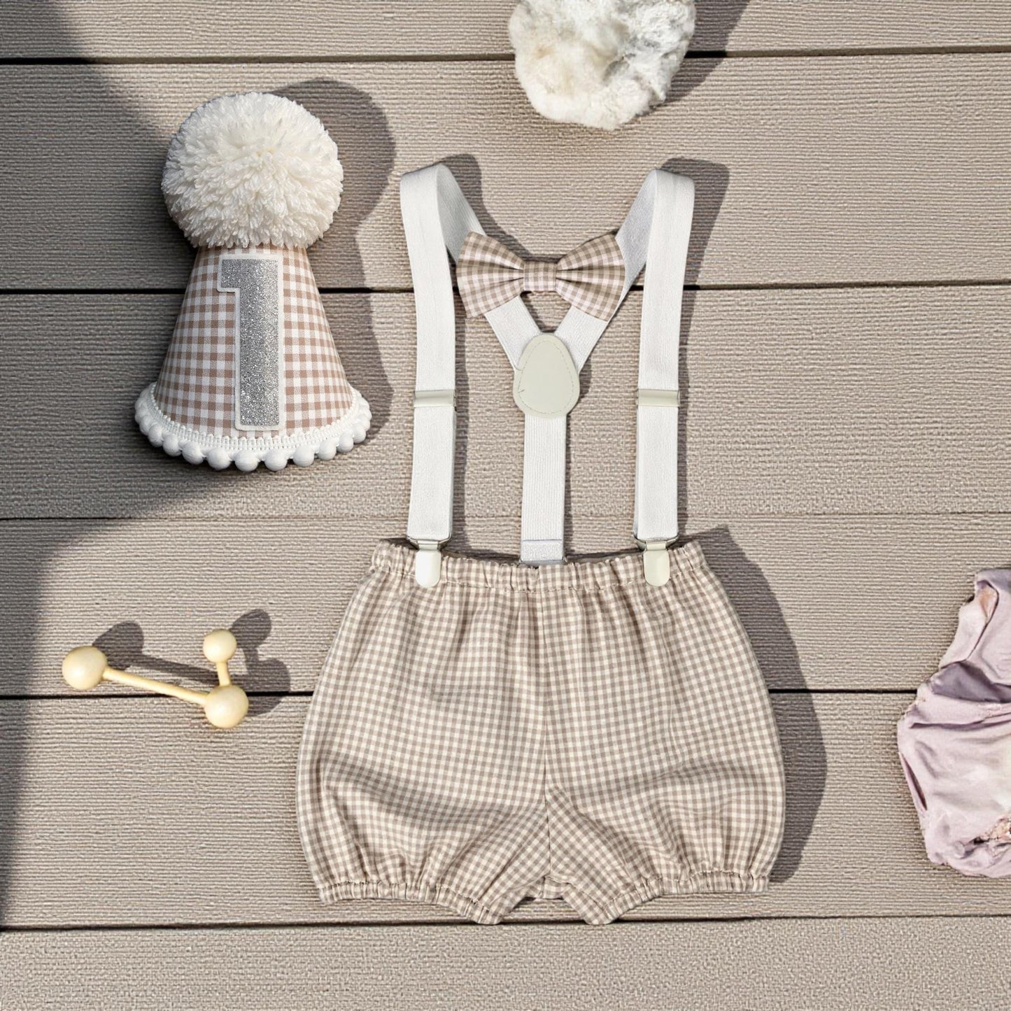 Taupe gingham cake smash outfit – baby boy 1st birthday set